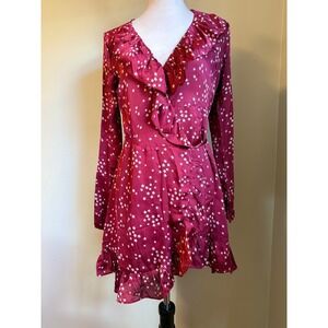 Cotton Candy LA Burgundy Star Print Ruffle Wrap Dress M boho whimsi fairy Y2K